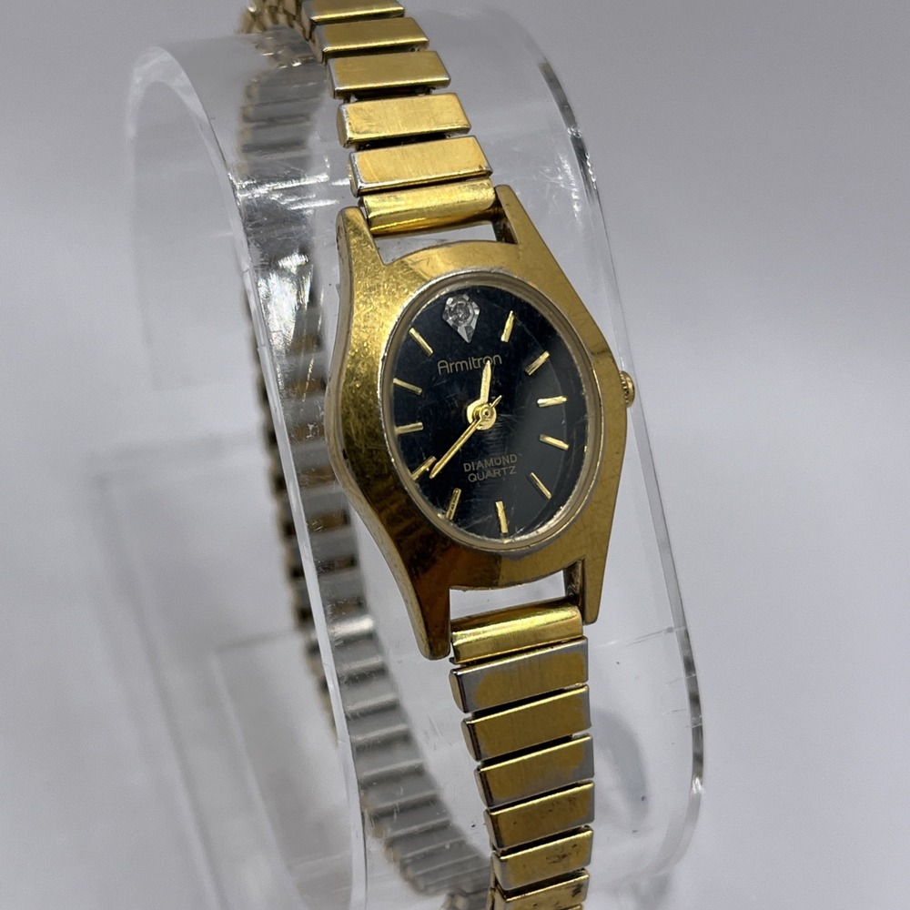 Vintage Armitron Diamond Quartz Gold Stretch Band Women's Watch- New Battery